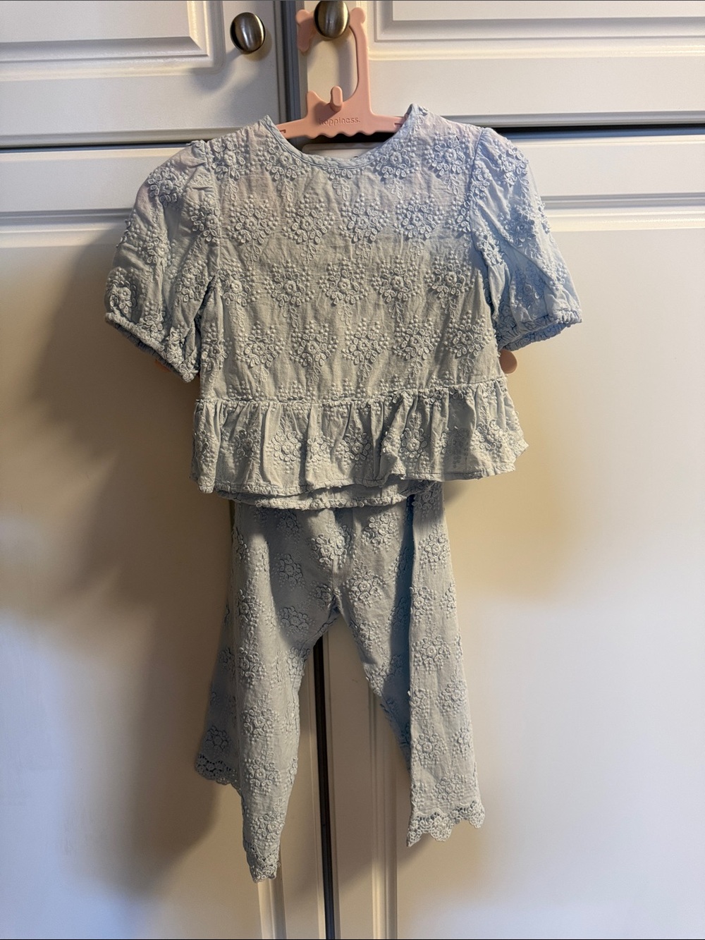 Zara Light Blue Embroidered Floral Peplum Top & Pants Set
